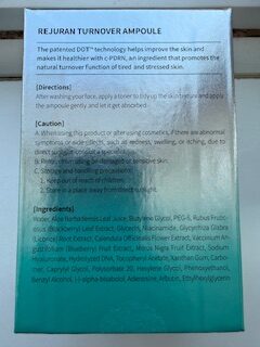 Ingredients list on the back of the Rejuran Turnover Ampoule featuring c-PDRN, niacinamide and soothing skincare ingredients.