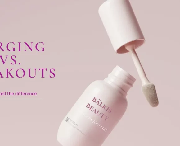 Minimal skincare bottle with soft pink background illustrating the difference between skin purging and acne breakouts.