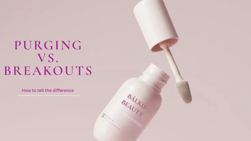 purging-vs-breakout-how-to-tell-the-difference-header Minimal skincare bottle with soft pink background illustrating the difference between skin purging and acne breakouts.