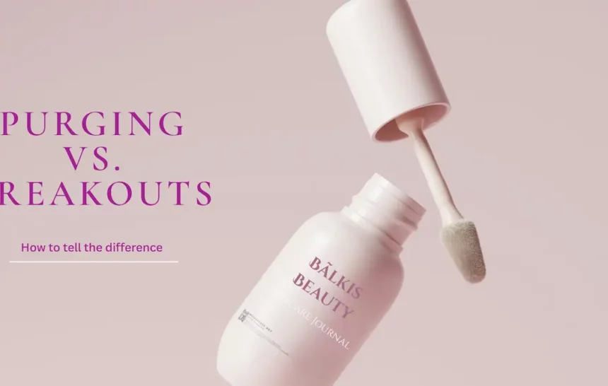 purging-vs-breakout-how-to-tell-the-difference-header Minimal skincare bottle with soft pink background illustrating the difference between skin purging and acne breakouts.