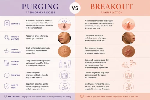 Purging vs breakout comparison showing the differences between skin purging and acne breakouts, including causes, appearance, duration and treatment.