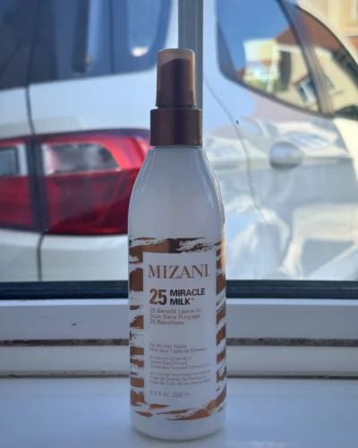 Mizani 25 Miracle Milk Leave-In Conditioner bottle featured in a haircare routine on Bãlkis Beauty